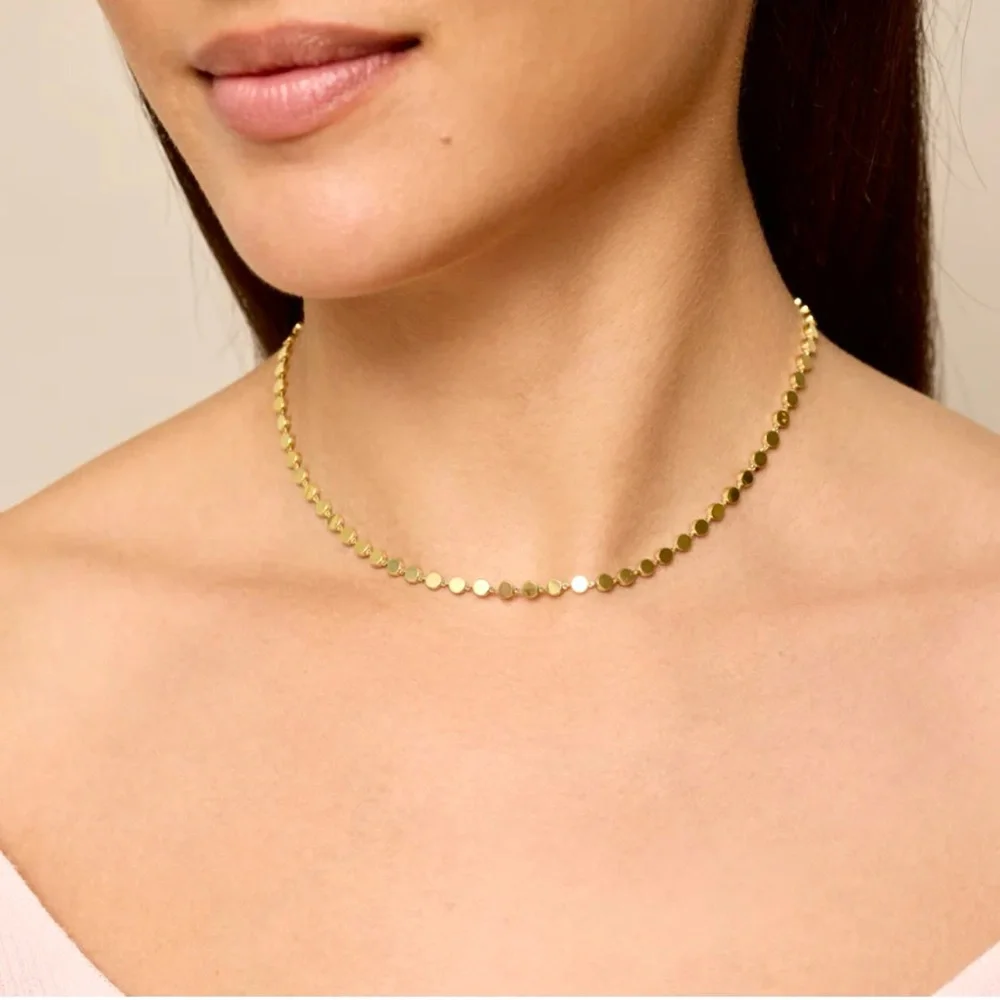 Flat Bead Sequin Chain Layering Choker  14K Gold Plated Necklace - Picture 4 of 13